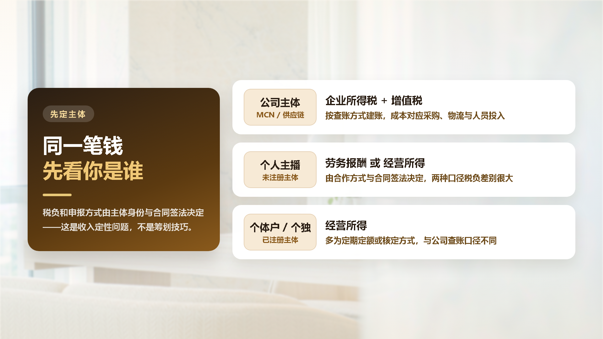 直播带货的主体身份定税种：公司、个人主播、个体户个独